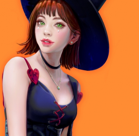 Witch - hat, halloween, art, fantasy, girl, orange, lightbox