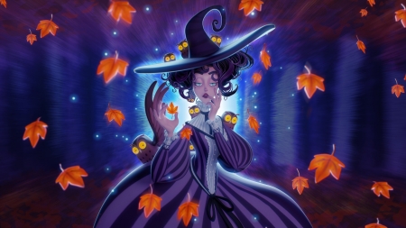 Autumn witch - hat, blue, girl, eyes, bufnita, orange, witch, owl, fantasy, toamna, stephanie shima, funny, autumn, halloween, leaf, luminos