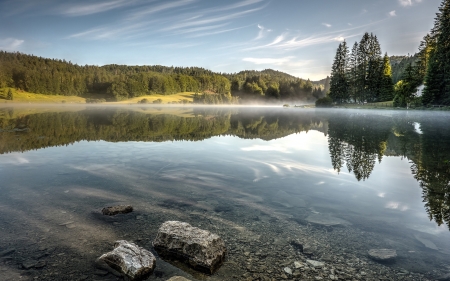 Morning at the Lake - lake, morning, reflection, fog