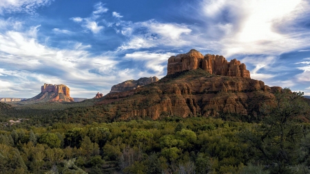 Cathedral Rock and Mesas, Sedona, Arizona - usa, clouds, trees, landscape, rocks, sky