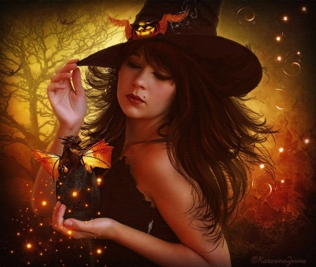 Witch - hat, girl, orange, black, witch, fantasy, hand, dragon, halloween