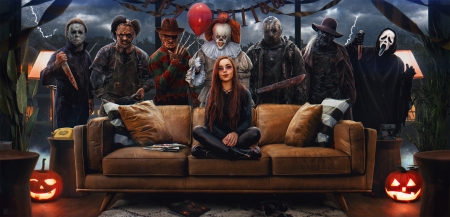 Halloween 2020 - halloween, fantasy, clown, sofa, girl, evgenij kungur, balloon, dark, zombie