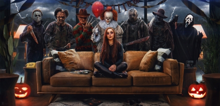 Halloween 2020 - zombie, sofa, balloon, girl, dark, clown, fantasy, halloween, evgenij kungur