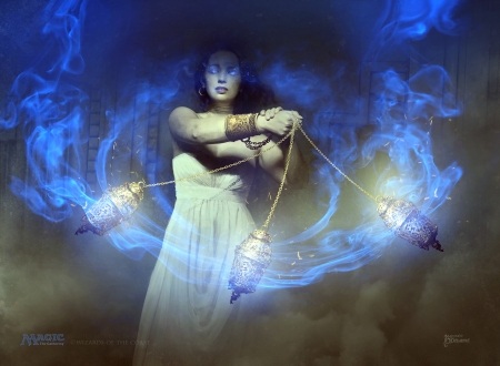 Reviving vapors - blue, girl, bastien lecouffe deharme, dark, vapors, witch, frumusete, fantasy, art, luminos