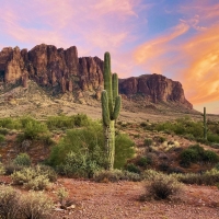 Beautiful evening of the Superstition Mountains at Lost Dutchman state park, Arizona