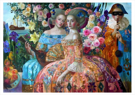 Lovely Ladies - dresses, colorful, long, painting