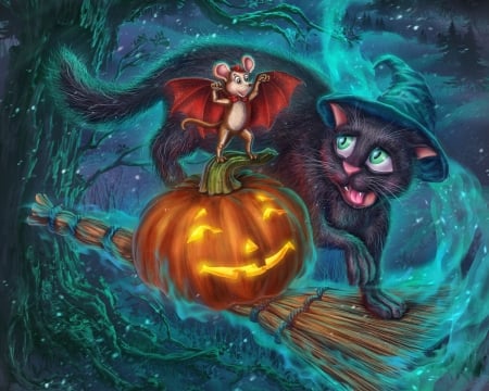 Halloween - blue, mouse, night, pumpkin, orange, cat, artist andrey shuvalov, black, fantasy, pisici, halloween, soricel