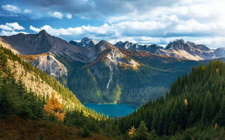 Banff National Park - alberta, canada, clouds, lake, landscape, peaks, rockies, sky, trees