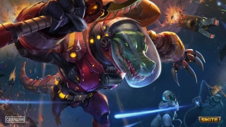 SobekGator in space - smite, fantasy, caravan, cosmonaut, aligator, astronaut, crocodile