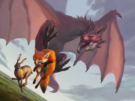 Run! - vulpe, rabbit, running, kk zhang, fox, bunny, hare, fantasy, dragon, art