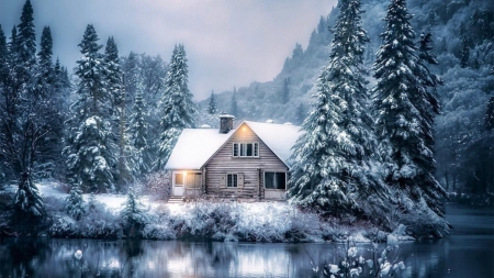 Winter  cabin - Trees, Snow, Lake, House