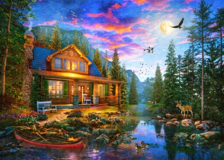 Moonlit cabin retreat - moon, water, cabin, pictura, dominic davison, painting, dear, art, cottage, luna