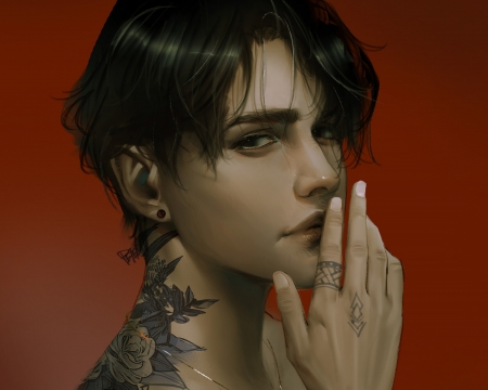 Portrait - frumusete, peter xiao, red, man, face, tattoo, luminos, hand, dark