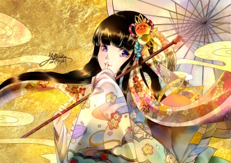 Girl with parasol - manga, anime, parasol, yellow, 0c, girl