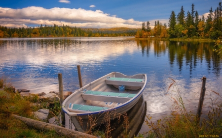 Lake and Boat - cloud, calm, lake, boat