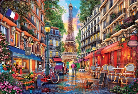 Paris - artwork, car, chairs, digital, eiffel tower, flowers, houses, people, restaurant, street, tables