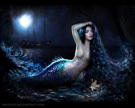 Mermaid and the king - girl, dark, superb, crown, summer, king, fantasy, luminos, vara, siren, night, blue, mermaid, wagner, moon, katrina wagner, frumusete, gorgeous, katrinawagnerart, luna
