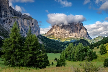 Saslong Valley, Dolomiti Alps, Italy - clouds, nature, valley, mountains, italy