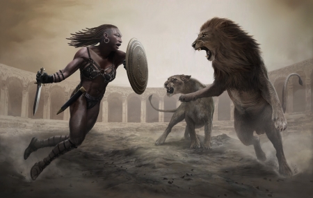 Colosseum - nex, fantasy, art, colosseum, girl, nead, lion, animal, leu, dark