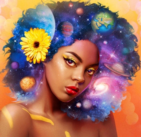Cosmos - fantasy, planet, harsh taggar, face, space, girl, cosmos, stars, art