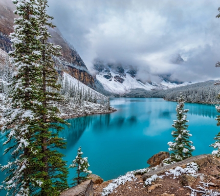 Winter Lake - Mountains, Frozen, Snow, Fog