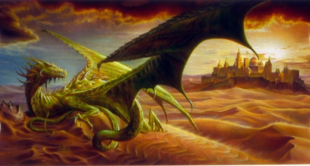 Desert dragon - fantasy, desert, dragon, jon sullivan, orange, sand, art