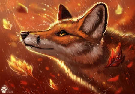 Fox - vulpe, autumn, leaf, toamna, flash w, fox, orange, animal, art, fantasy