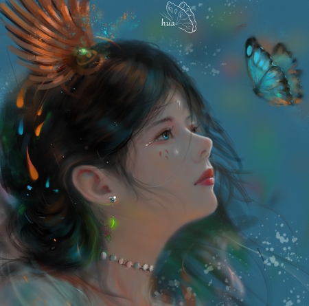 Fantasy girl - face, fish, girl, orange, congqing ngchun, blue, art, congqingchun, prsti, butterfly, fantasy