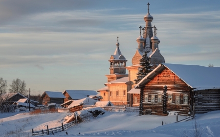 Church in Russia - winter, wooden, snow, Russia, church, houses