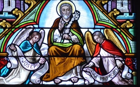 Saint Joseph and Angels - stained glass, Saint Joseph, church, angels