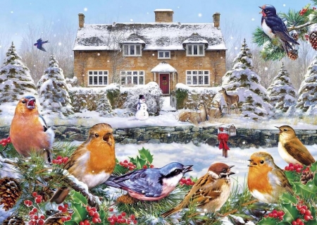A Winter Song - snow, winter, snowman, birds, deer, holly, mailbox