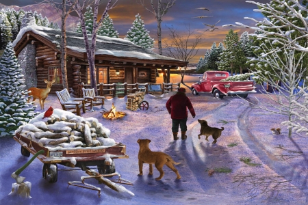 Winter Refuge - cabin, snow, winter, frost, deer, dogs, shack