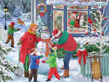 The Making of Frosty The Snowman - winter, snowman, snow, baubles, ribbon, wreath, cardinal, sled