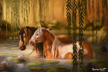 Spirit - brooklyn smith, spirit, horse, art, fantasy, couple, water, summer, brown, vara