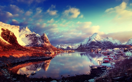 Lofoten Islands, Norway - sea, scandinavia, clouds, sky, rocks, mountains, houses, village