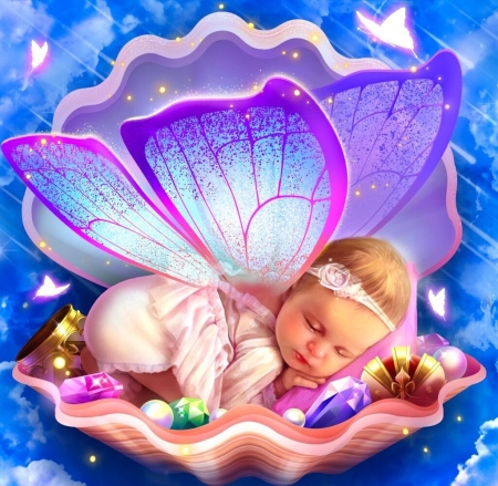 Baby fairy - shell, blue, fairy, fantasy, harsh taggar, baby, girl, pinj