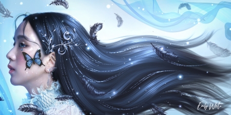 Fantasy girl - butterfly, asian, face, girl, emily white, profile, blue, frumusete, wind, luminos