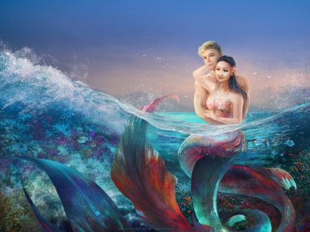 Fantasy couple - milyknight, water, blue, girl, sea, milica jevtic, man, fantasy, mermaid, ted, couple, art, luminos, lovers