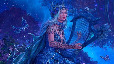 Blue Harp Fantasy - insterment, harp, blue, woman