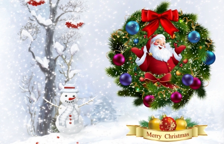 Christmas Joy - winter, snowman, snow, christmas, berries, santa, wreath, bow