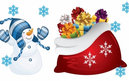 Happy Holidays! - snowman, winter, bag, christmas, santa, snowflake, holiday, craciun, red, gift, card