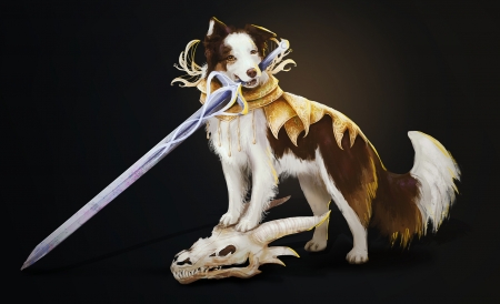 Dusty - black, art, fantasy, sword, dusty, sara napora, caine, dog, skull, dragon