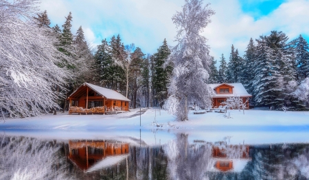 Wooden houses by the lake - trees, beautiful, snow, forest, reflection, neautiful, frozen, wooden, ice, frost, cold, lake, houses