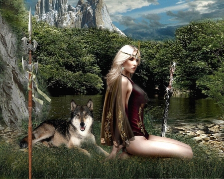 We will wait - girl, trees, water, wolf