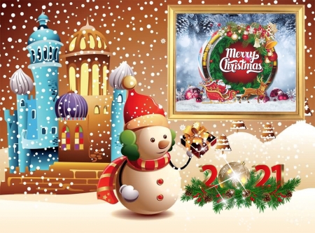 Merry Christmas 2021 - snowman, 2021, snow, christmas, frame