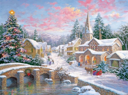 Christmas Eve Church Service - christmas, snow, bridge, church, tree, river, winter, snowman, star, water