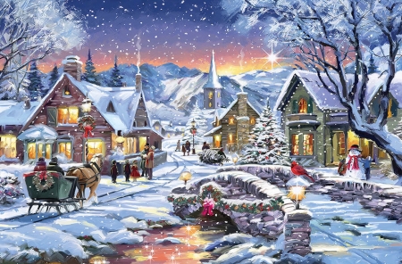 Sleigh Ride to The Church - tree, river, stars, church, snowman, sleigh, snow, christmas, sparkle, bridge, ride, water, twinkle, cardinal