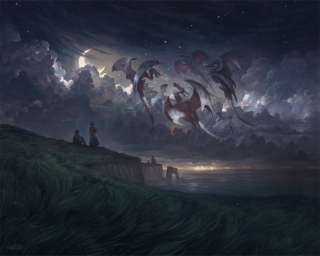 Dragons dance - moon, blue, children, night, fantasy, dragon, cloud, justin gerard, dance, art, luna, sky