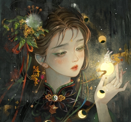 Chang'e - moon, girl, change, bunny, dark, fantasy, hand, goddess, face, art, luminos, chang e, luna