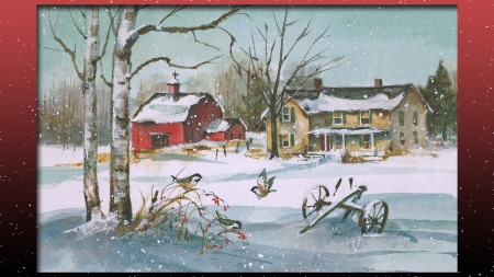 Old Christmas Card - barn, birches, birds, snow, winter